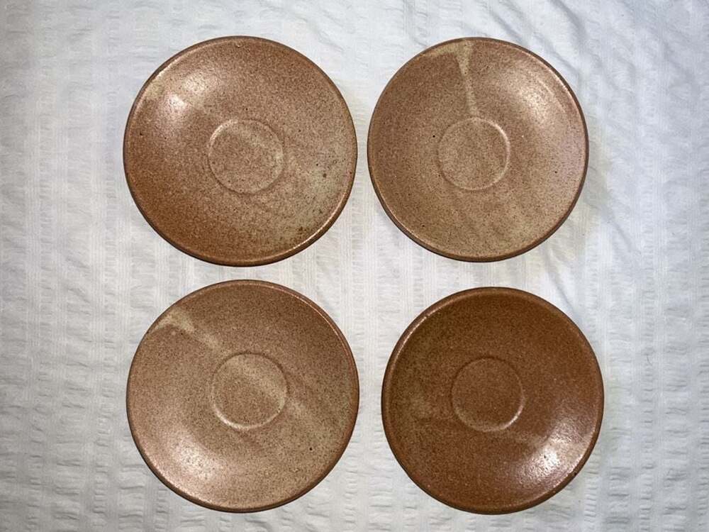 Vintage Rustic Speckled Stoneware Saucer Set of 4 Earth Tone Pottery